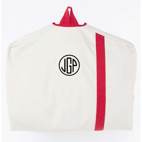 Personalized Natural Garment Bag with Red Trim